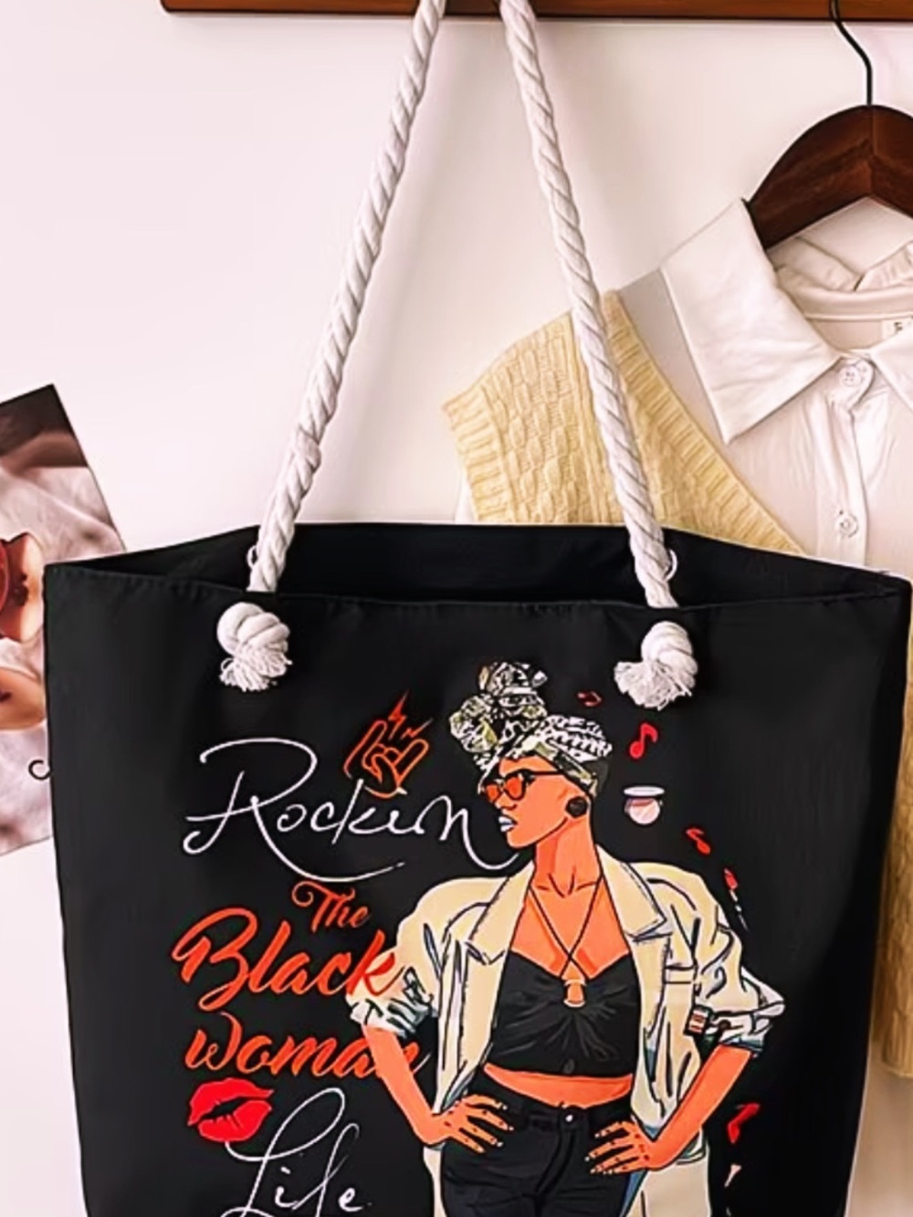 Black Graphic Rope-Handle Tote — Rockin' The Black Woman Life Design